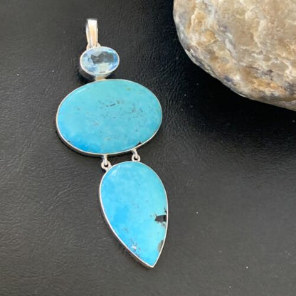 Navajo Blue Topaz Turquoise Multi-Stone Pendant | Authentic Native American Sterling Silver | 3.5" | 12024