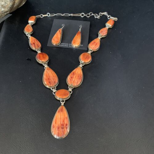 Navajo Lariat Necklace with Orange Spiny Oyster Earrings | Sterling Silver Pendant | 20" | Authentic Native American Handmade | 13882