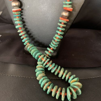 Navajo Green Turquoise & Spiny Oyster Necklace | Sterling Silver | Authentic Native American | 26" | 13908