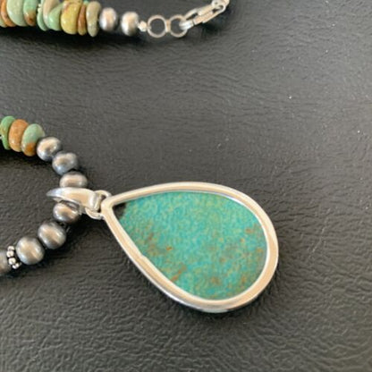 Navajo Royston Bead Green Turquoise Necklace Pendant | Sterling Silver | Authentic Native American Handmade | 11920