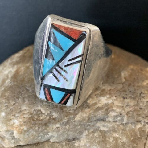 Native Zuni Men's Spiny Blue Turquoise Sterling Silver Ring InlaySize15 12425
