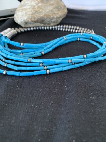 Southwestern Sterling Silver Blue Tube Turquoise Necklace | 5-Strand | 29" | 00830