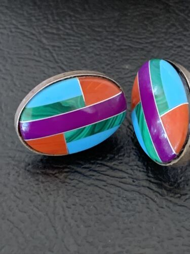 Navajo Multi-Color Turquoise Coral Inlay Earrings | Sterling Silver | Authentic Native American Handmade | 1716
