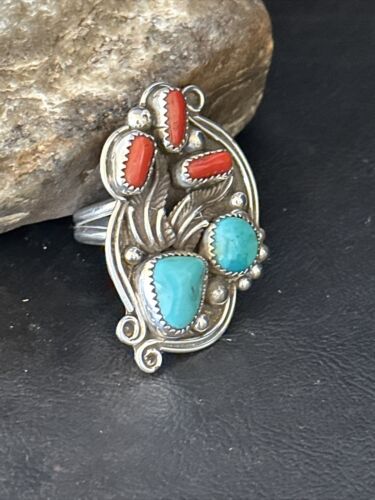 Navajo Blue Kingman Turquoise Coral Ring | Authentic Native American Sterling Silver | Multi-Stone | Sz 9.5 | 14499
