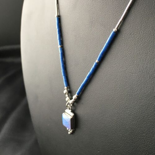 Children's Lapis Beads Sterling Heishi Necklace | Opal Pendant | 15" Chain | 10130