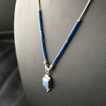Children's Lapis Beads Sterling Heishi Necklace | Opal Pendant | 15" Chain | 10130