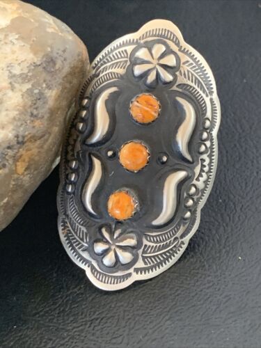 Navajo Orange Spiny Oyster Multi-Stone Ring | Authentic Native American Sterling Silver | Sz 10 Adj | 11658