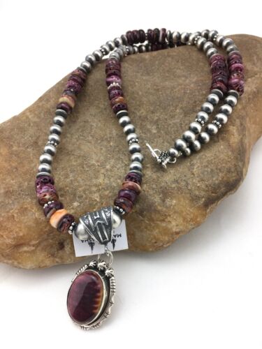 Navajo Purple Spiny Oyster Bead Necklace | Sterling Silver | Authentic Native American Handmade | 4583