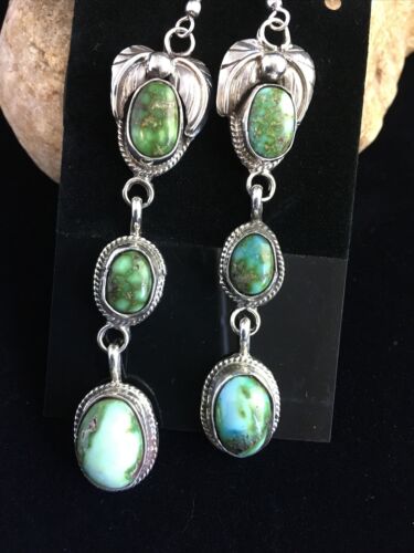 Navajo Green Sonoran Gold Turquoise 3Dangle Earrings | Sterling Silver | Authentic Native American Handmade | 1791