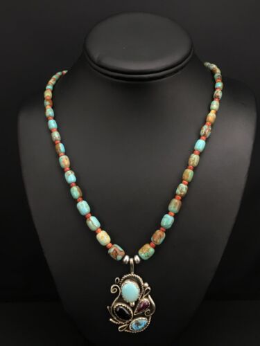 Navajo Turquoise and Spiny Oyster Multi-Stone Necklace | Authentic Native American Sterling Silver | 21" | 4885