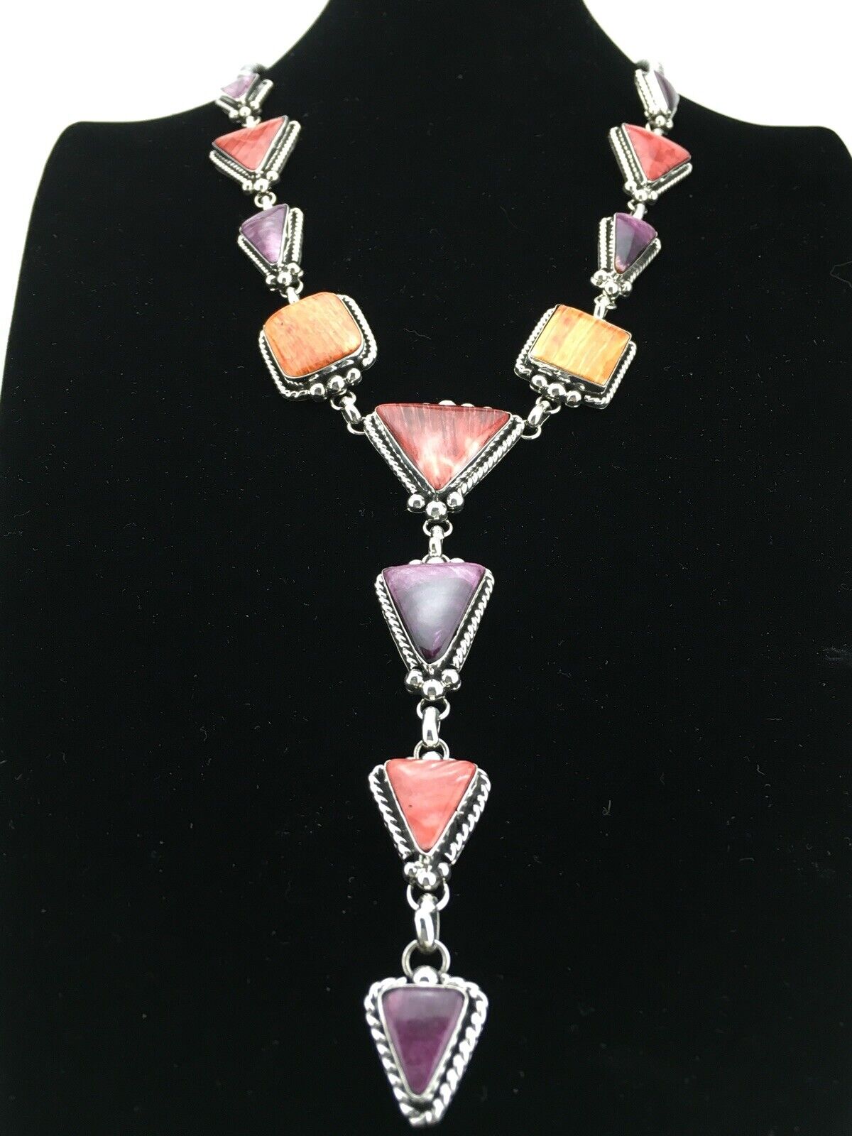 Navajo Spiny Oyster Pendant Necklace | Sterling Silver Lariat | Authentic Native American Handmade | 4904