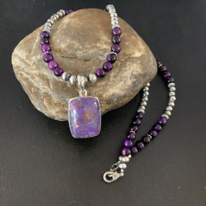 Navajo Pearl Purple Mojave Turquoise Onyx Pendant Necklace | Sterling Silver | Native American Handmade | 13402