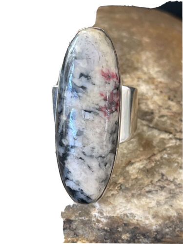 Southwestern Navajo White Black Cinnabrite Ring | Sterling Silver | Sz 7 | Authentic Native American Handmade | 1565
