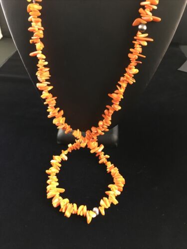Navajo Orange Coral Necklace | Sterling Silver | 36" | Authentic Native American Handmade | 10044