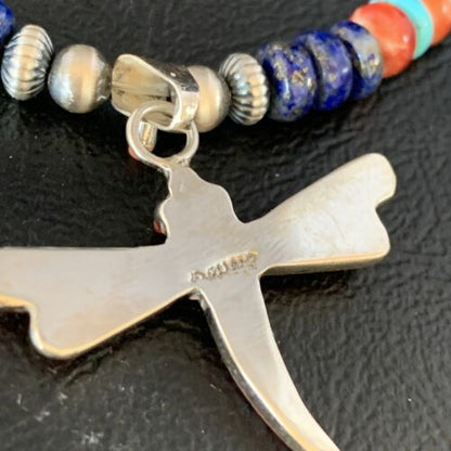 Navajo Dragonfly Pendant | Sterling Silver Turquoise Coral Multi-Color Inlay | Authentic Native American Handmade | 13556 - Masha USA
