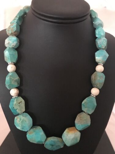 Chunky Turquoise Men's Necklace | Sterling Silver Faceted | Southwestern Navajo | 21" |  8140 - Masha USA