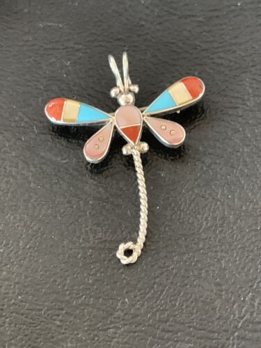 Zuni Turquoise Pink Mother of Pearl Inlay Dragonfly Necklace Pin Pendant | Sterling Silver | 12325