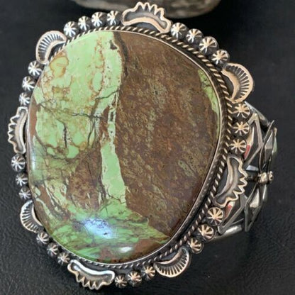Navajo Men's Bracelet | Sterling Silver Green Gaspeite | Authentic Native American Handmade | 2047