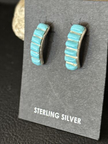 Navajo Blue Turquoise Inlay Earrings | Sterling Silver | 1" | Authentic Native American Handmade | 14777