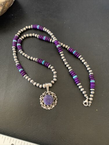 Women's Navajo Blue Turquoise Purple Sugilite Pendant Necklace | Sterling Silver | Native American Handmade | 12621