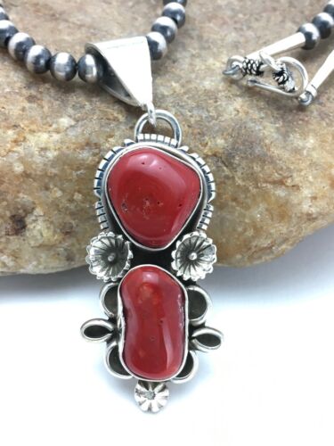 Navajo Red Coral Pendant Necklace | Sterling Silver | Authentic Native American Handmade | 2581