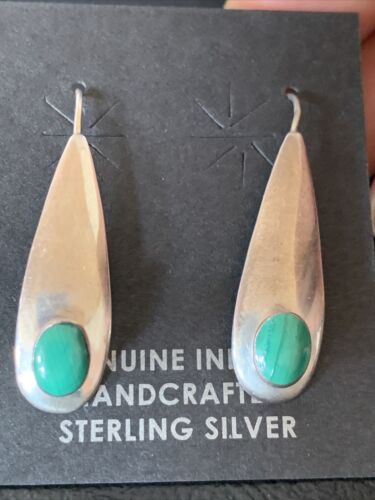 Southwestern Navajo Dangle Earrings | Sterling Silver Green Malachite | Authentic Native American Handmade | 13067