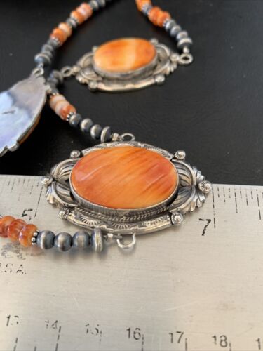 Navajo Pearls Orange Spiny Oyster Pendant Necklace | Sterling Silver | Authentic Native American Handmade | 10808