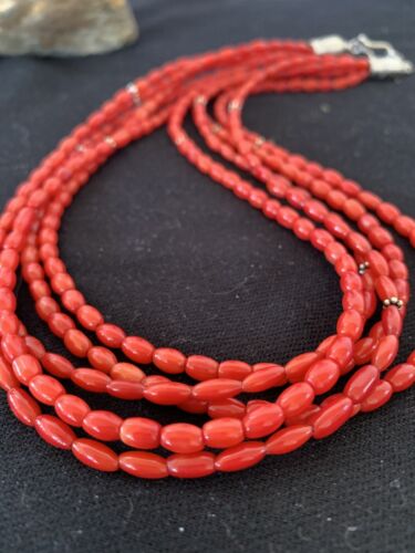 Native American Navajo 5-Strand Red Coral Necklace | Sterling Silver | Authentic Handmade | 01140