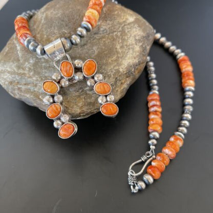 Navajo Pearls Sterling Silver Necklace | Orange Spiny Oyster Naja Pendant | 11346