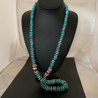 Authentic Native American Navajo Sterling Silver Necklace | Blue Turquoise & Spiny Oyster | 32" | 01672