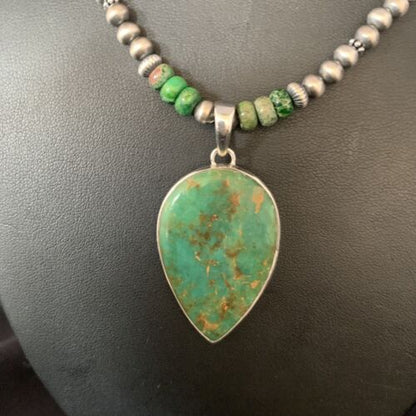 Navajo Pearl Green Turquoise Necklace Pendant | Sterling Silver | Authentic Native American Handmade | 13469
