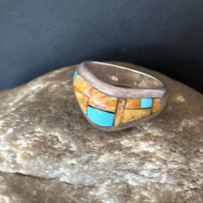 Southwestern Women's Navajo Blue Turquoise Spiny Oyster Inlay Ring | Sz 8 | 14559