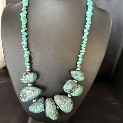 Navajo Chunky Blue Turquoise Nugget Necklace | Sterling Silver | Authentic Native American Handmade | 20" | 14416