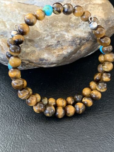 Stainless Steel Memory Wire Bracelet | Tiger's Eye & Turquoise | Southwestern Navajo Style | 1419