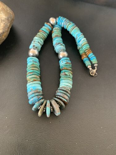 Navajo Blue Green Turquoise Necklace | Sterling Silver | Authentic Native American | 20" | Graduated | 11885