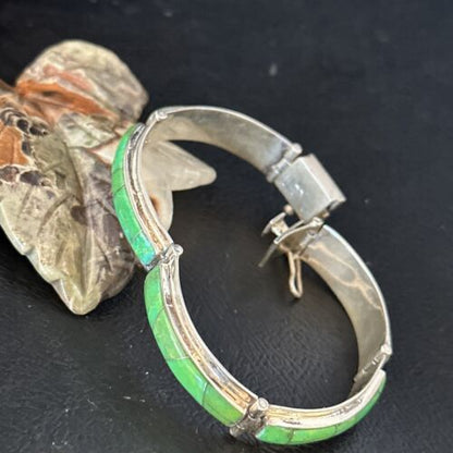 Women's Green Gaspeite Inlay Link Bracelet | Sterling Silver | 6.25" | 14526