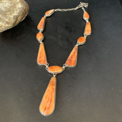 Navajo Lariat Necklace with Orange Spiny Oyster Pendant | Sterling Silver | 20" | Authentic Native American Jewelry | 13883