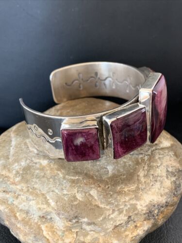 Navajo Purple Spiny Oyster Row Cuff Bracelet | Sterling Silver | Authentic Native American Handmade | 1407