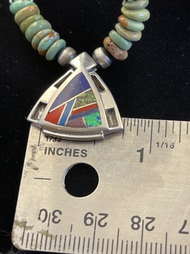 Navajo Turquoise & Spiny Oyster Inlay Pendant Necklace | Sterling Silver | Authentic Native American Handmade | 01622