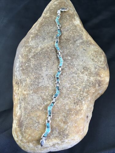 Native American Women's Sterling Silver Turquoise Inlay Link Bracelet | 6.75" | 2031