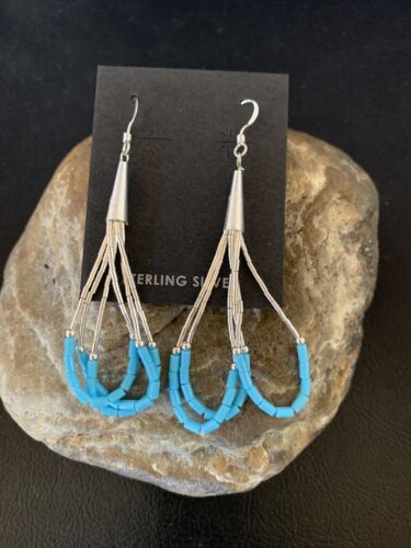 Handmade Liquid Silver Heishi Dangle Earrings | Blue Turquoise | Sterling Silver | 2" | 13049