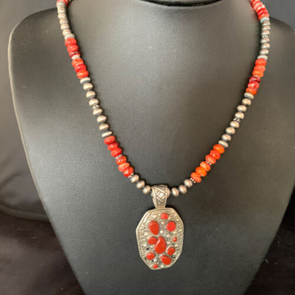 Navajo Red Coral & Spiny Oyster Necklace | Sterling Silver Bead | Authentic Native American Handmade | 13735
