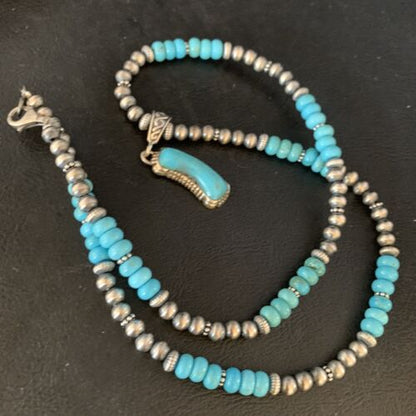 Navajo Blue Turquoise Pendant Necklace | Sterling Silver | Authentic Native American Handmade | 13826