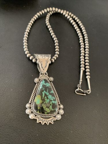 Men's Navajo Green Spiderweb Turquoise Pendant | Sterling Silver Necklace | Authentic Native American Handmade | 01978