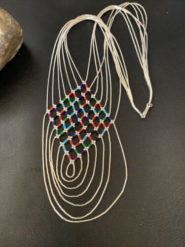 Multi-Color Liquid Silver Heishi Necklace | 7 Strand Sterling Silver Tubes | 18" | 12624