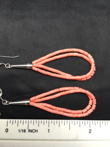 Navajo Pink Coral Heishi Dangle Earrings | Liquid Sterling Silver | 2 Strand | Authentic Native American | 4398