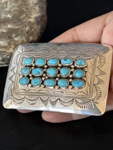Navajo Blue Kingman Turquoise Concho Belt Buckle | Sterling Silver | Authentic Native American Handmade | 14795
