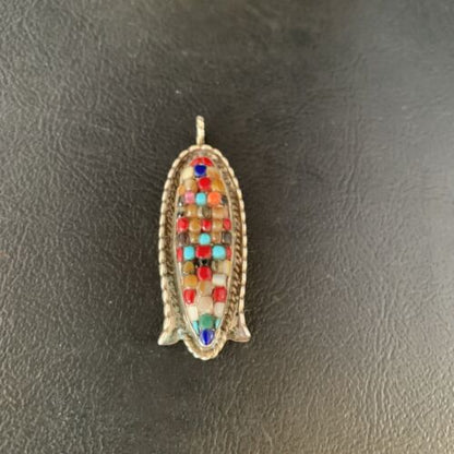 Zuni Corn Coral Mother of Pearl Turquoise Inlay Pendant | Sterling Silver | 1.75" | 13689