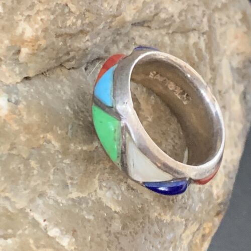 Navajo Multi-Color Turquoise Lapis Coral Mother of Pearl Inlay Ring | Sterling Silver | Sz 5.5 | 12399