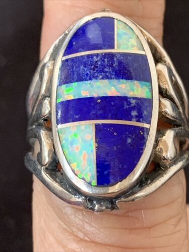 Southwestern Navajo Lapis & Opal Inlay Ring | Sterling Silver | Sz 7.5 | 1486